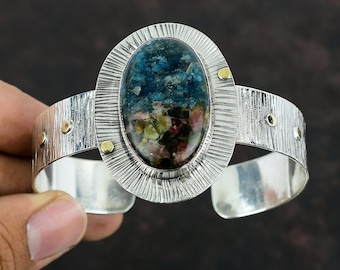 Handmade Sterling Silver Watermelon Tourmaline Cuff Bracelet: Adjustable Gemstone Bangle
