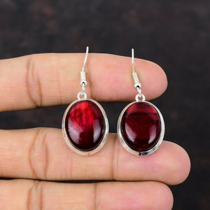 Handmade Red Fire Labradorite Earrings: 925 Sterling Silver Boho Jewelry
