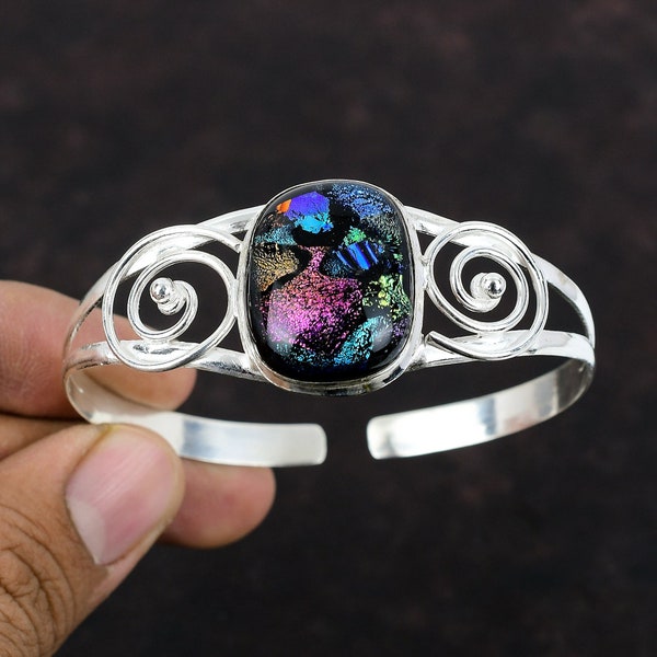 Dichroic Glass Bangle: Handmade Sterling Silver Cuff Bracelet