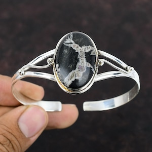 Chrysanthemum Stone Bangle: Handmade 925 Sterling Silver Cuff