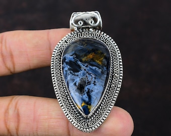 Handmade Pear Pietersite Pendant: Vintage Sterling Silver Jewelry