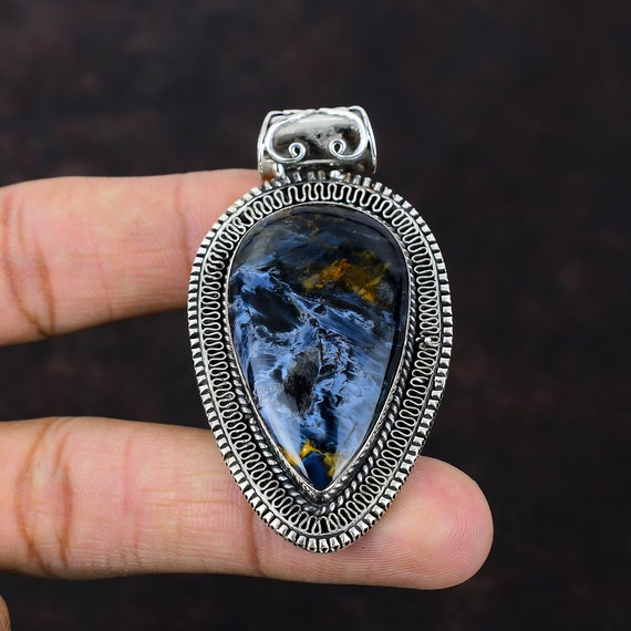 Handmade Pear Pietersite Pendant: Vintage Sterling Silver Jewelry