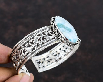 ハンドメイドのラリマーカフブレスレット：調節可能なスターリング