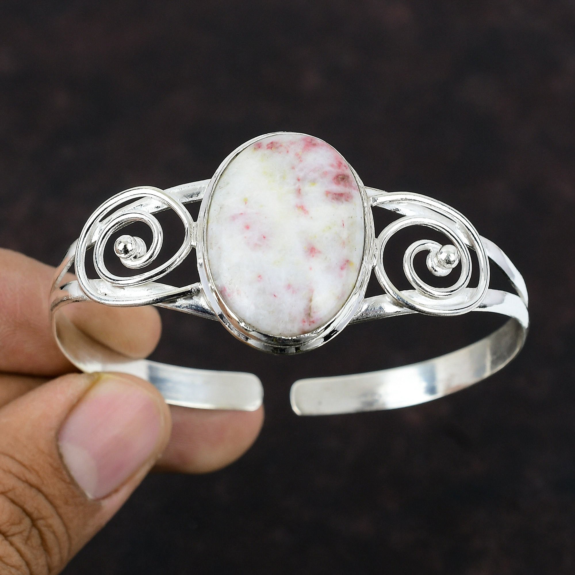 シナバーカフブレスレット：ハンドメイド925スターリングシルバー製