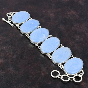 Handmade Angelite Bracelet: Oval Gemstone, 925 Sterling Silver, Adjustable