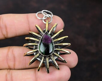 Pendentif Créateur Main En Argent 925 Et Zoisite Rubis Naturel - Pierre Verte, Fait Main En Inde