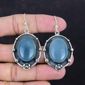 Handmade Oval Aquamarine 925 Sterling Silver Dangle Earrings