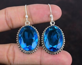 Faceted Swiss Blue Topaz Earrings: Vintage 925 Sterling Silver