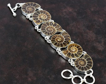 Ammonite Fossil Bracelet 925 Sterling Silver Bracelet Gemstone Handmade Jewelry Adjustable Chain Bracelet Gift For Him Healing Stone Jewelry