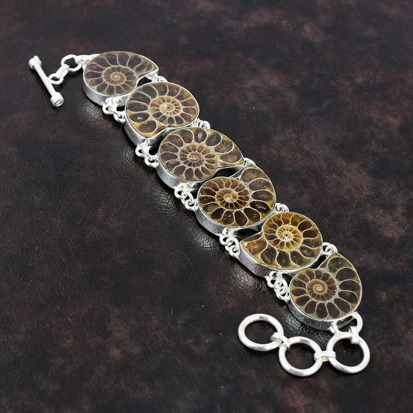 Ammonite Fossil Bracelet 925 Sterling Silver Bracelet Gemstone Handmade Jewelry Adjustable Chain Bracelet Gift For Him Healing Stone Jewelry