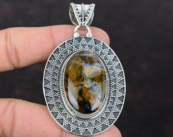 Golden Pietersite Pendant: Handmade Vintage 925 Sterling Silver Jewelry