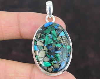Handmade Copper Azurite Malachite Pendant: 925 Sterling Silver Gemstone Jewelry