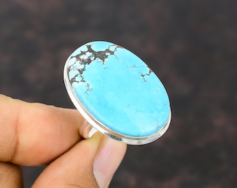 Tibetan Turquoise Ring: Handmade 925 Sterling Silver Adjustable Ring