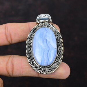 Vintage Blue Lace Agate 925 Sterling Silver Pendant - Handmade Gemstone Jewelry