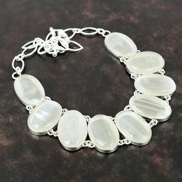 Handmade Selenite Necklace: 925 Sterling Silver, Adjustable Chain