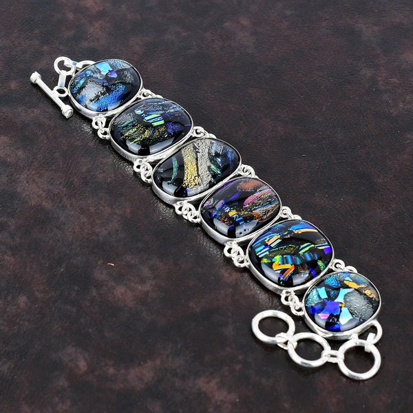 American Dichroic Glass Bracelet 925 Sterling Silver Bracelet Adjustable Chain Bracelet Handmade Gemstone Bracelet Silver Jewelry For Gifts