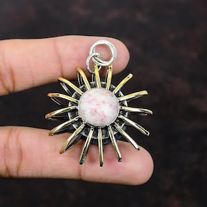 Handmade Cinnabar Gemstone Pendant: 925 Sterling Silver 18K Gold Plated Cage