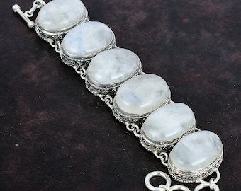 Rainbow Moonstone Bracelet: Handmade 925 Sterling Silver Adjustable Vintage Jewelry