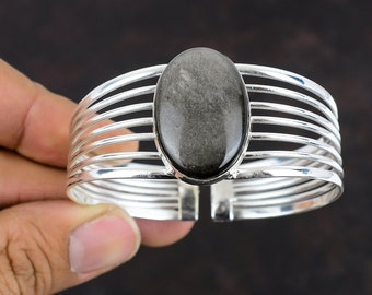 Silver Sheen Obsidian Bangle: Handmade 925 Sterling Silver Cuff
