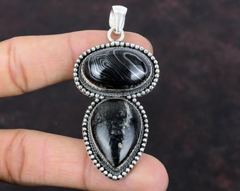 Colgante de jaspe Picasso de psilomelano: joyería vintage de plata de ley hecha a mano