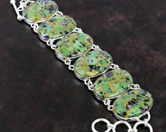 Pulsera de cobre, rubí y zoisita hecha a mano en plata de ley 925
