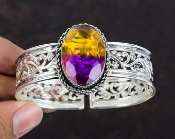 Faceted Ametrine Gemstone Bangle: Handmade 925 Sterling Silver Cuff