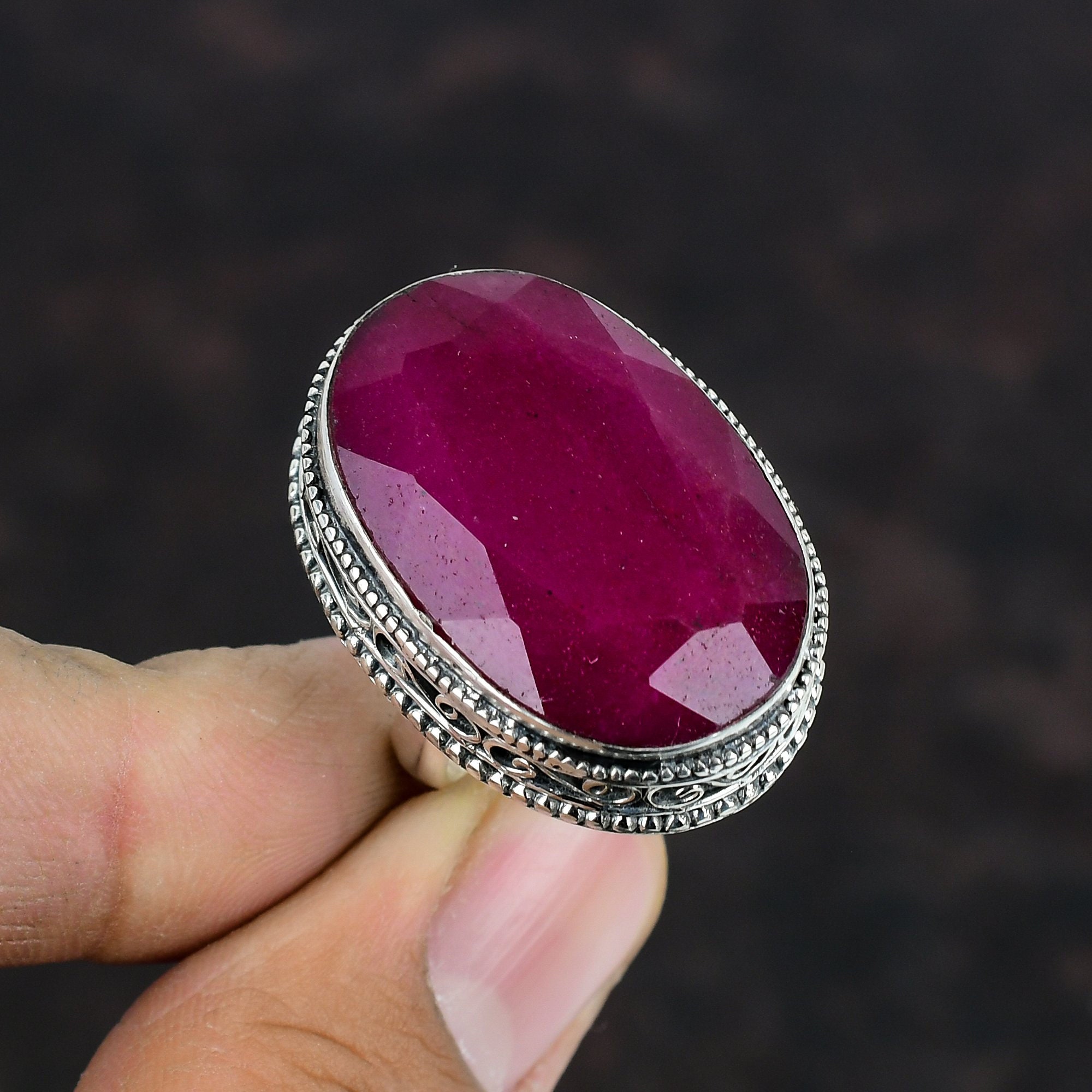 Faceted Kashmir Ruby Ring: Handmade 925 Sterling Silver