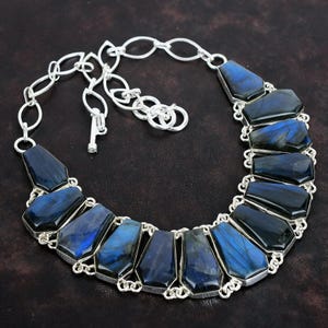 Handmade Coffin Labradorite Necklace: 925 Sterling Silver Adjustable Chain