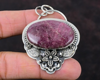 Handmade Rhodonite Flower Pendant: 925 Sterling Silver Gemstone Jewelry