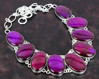 Handmade Purple Fire Labradorite Necklace: 925 Sterling Silver, Adjustable Chain