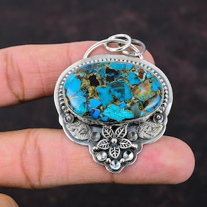 Handmade Copper Chrysocolla Flower Pendant: 925 Sterling Silver Gemstone Jewelry