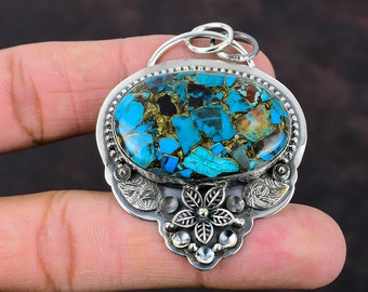 Handmade Copper Chrysocolla Flower Pendant: 925 Sterling Silver Gemstone Jewelry