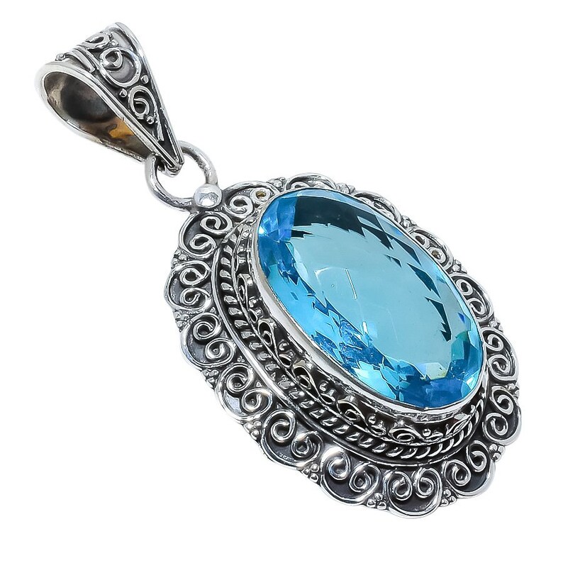 Blue Topaz Gemstone Handmade Ethnic 925 Sterling Silver Pendant 2.17 oneplusjewelry