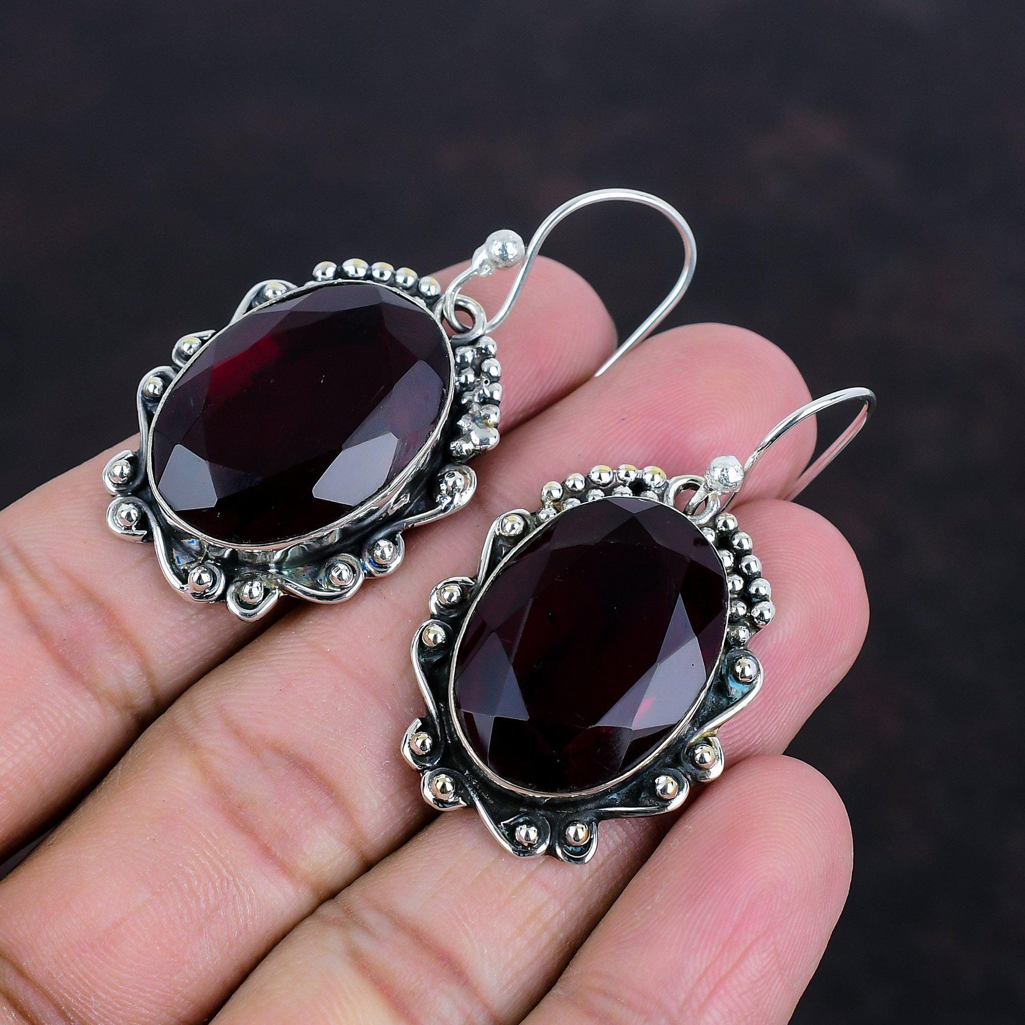 Orecchino Di Granato Rosso Naturale, Gioielli Fatti A Mano - Foto 5