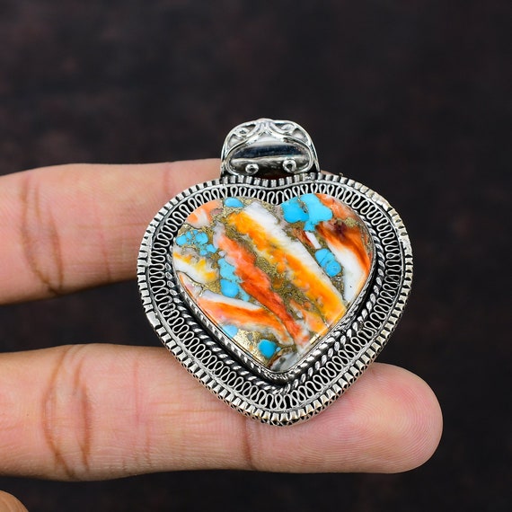 Spiny Oyster Turquoise Heart Pendant: Vintage Sterling Silver