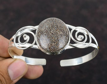 Dinosaur Bone Cuff Bracelet: Handmade 925 Sterling Silver Adjustable Bangle