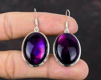 Boucles D'oreilles Longues Argent 925 Avec Labradorite Et Grenat - Réf. BO-AR-107