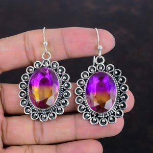Faceted Ametrine Earrings: Handmade 925 Sterling Silver Dangle Jewelry