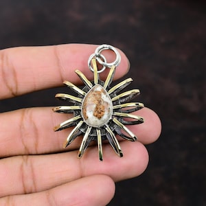 Spessartine Garnet In Limestone Pendant Gemstone Jewelry 925 Sterling Silver Pendant 18K Gold Plated Pendant Handmade Cage Pendant For Gifts