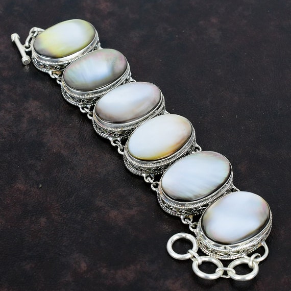 Handmade Mother of Pearl Bracelet: Vintage 925 Sterling Silver