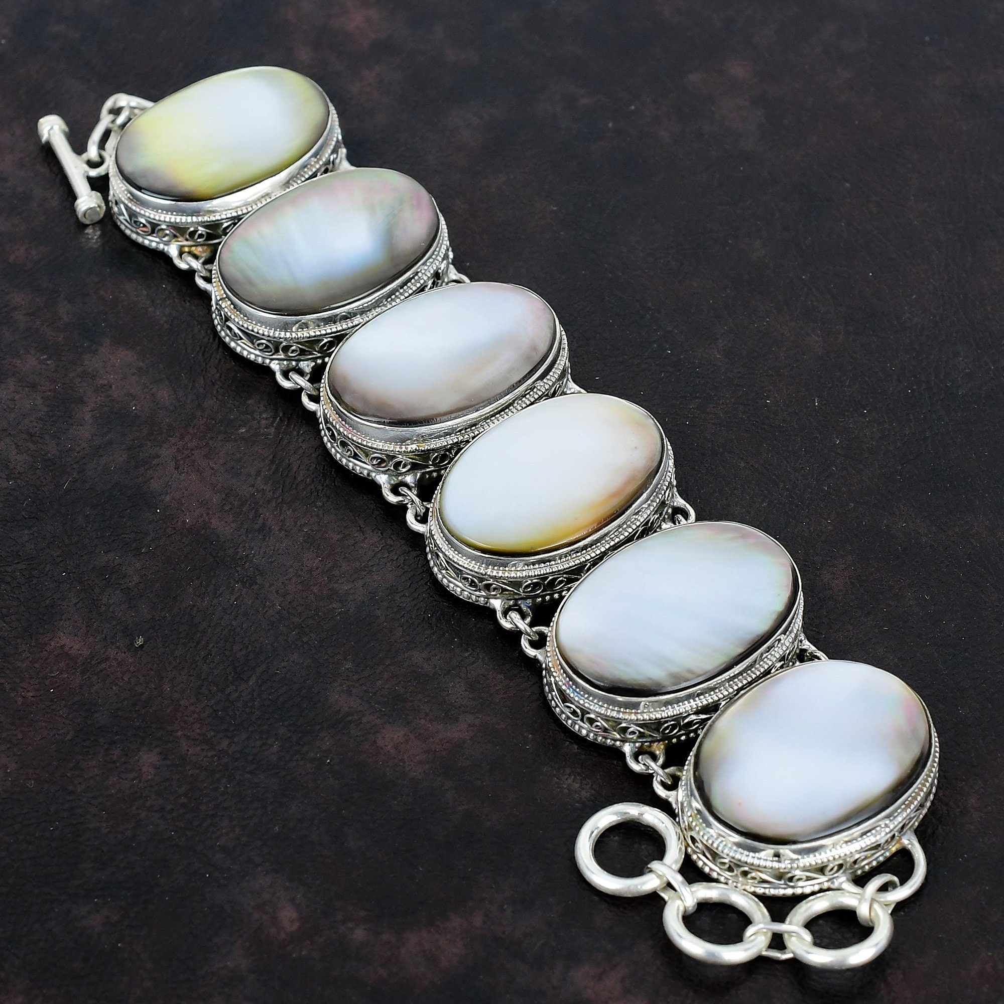 Handmade Mother of Pearl Bracelet: Vintage 925 Sterling Silver