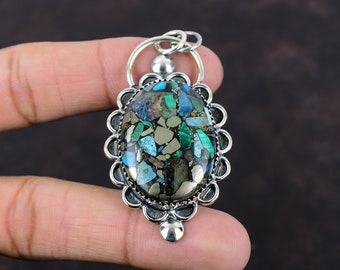 Handmade Copper Azurite Malachite Pendant: 925 Sterling Silver Gemstone Jewelry