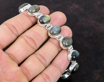 Handmade Labradorite 925 Sterling Silver Bracelet - Adjustable Gemstone Chain