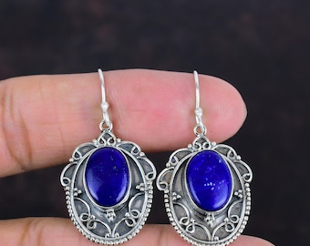 Handmade Lapis Lazuli Earrings: 925 Sterling Silver Vintage Jewelry