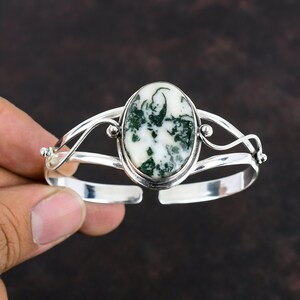 Brazalete de piedras preciosas de ágata de árbol Joyería hecha a mano Brazalete de plata de ley 925 Brazalete ajustable Regalos de aniversario Joyería de plata de ágata de árbol