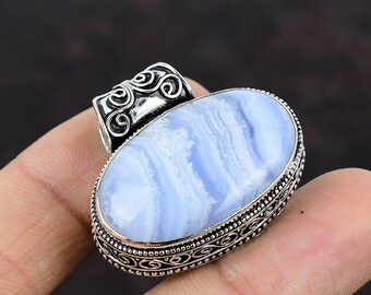 青色アゲートの置物 ヴィンテージハンドメイドブルーレースアゲート925スターリング