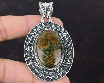 Vintage Spessartine Garnet in Limestone Pendant: Handmade 925 Sterling Silver