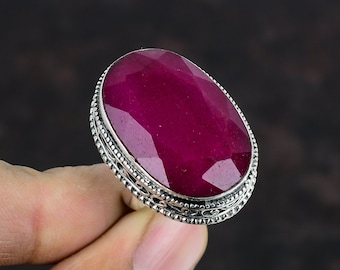 Faceted Kashmir Ruby Ring: Handmade 925 Sterling Silver, Adjustable