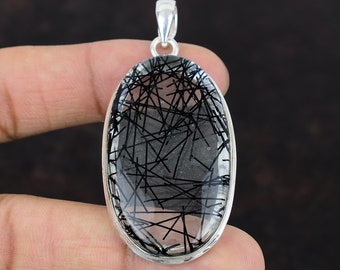 Black Rutile Pendant Genuine Gemstone Pendant 925 Sterling Silver Pendant Handmade Unique Jewelry Natural Stone Pendant Best Gift For Friend