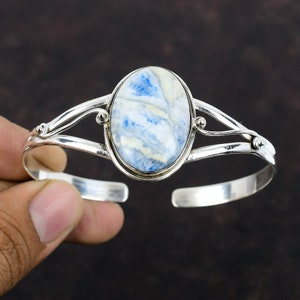 Blue Scheelite Cuff Bracelet: Handmade 925 Sterling Silver Adjustable Bangle